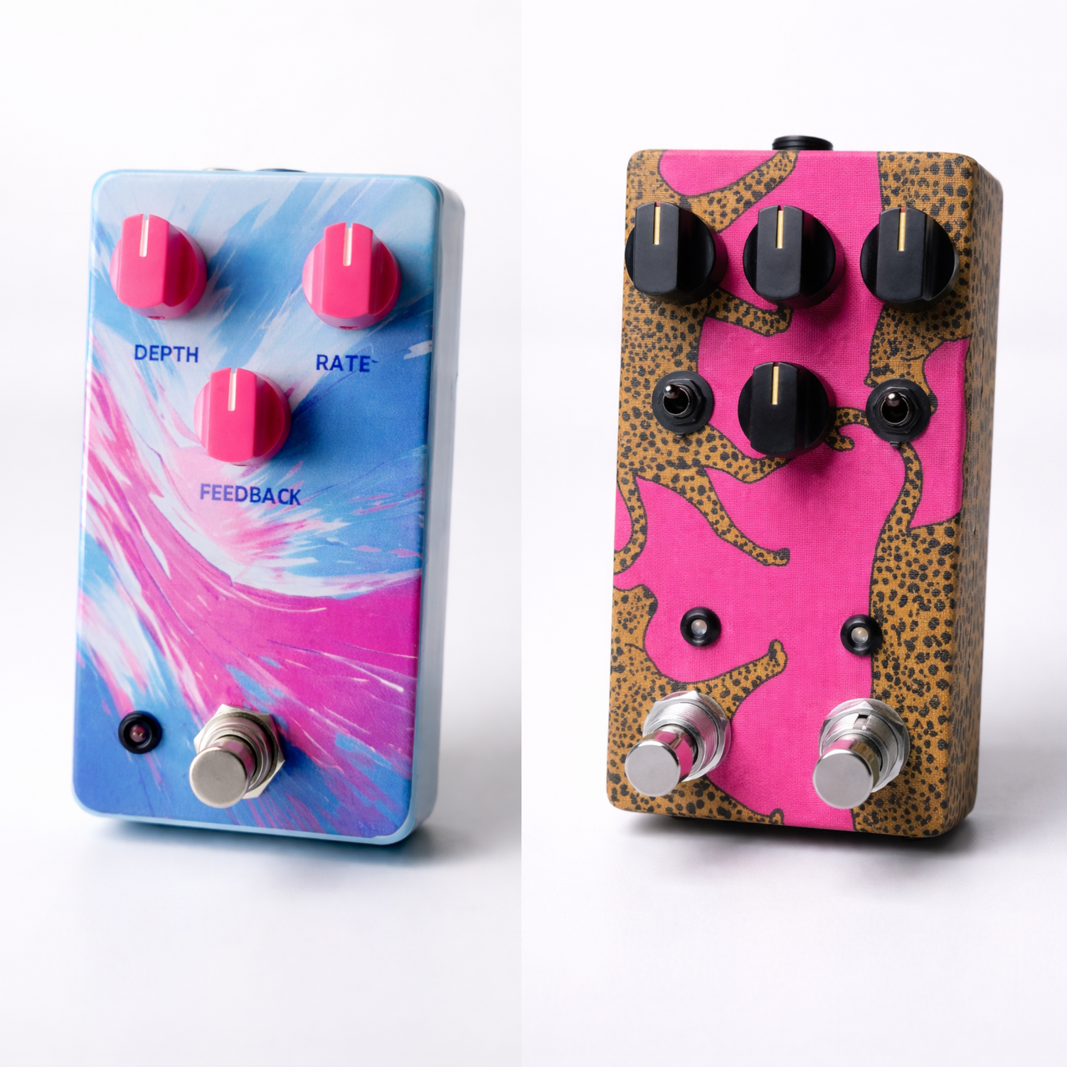 Two colorful guitar effect pedals on a white background